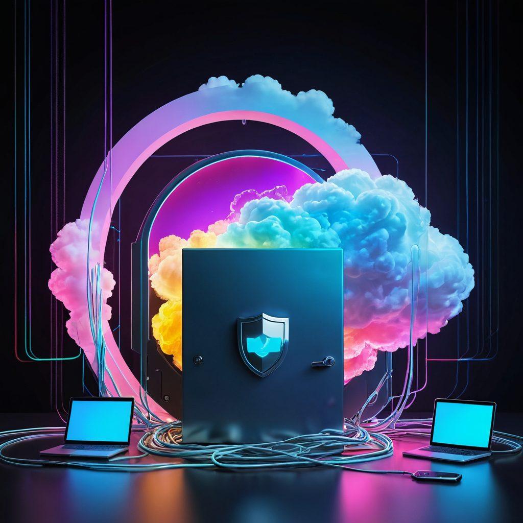 An abstract representation of digital data being safely backed up, featuring a glowing cloud with wrapped cables, files being secured in a digital vault, and a shield symbolizing protection. Bright, contrasting colors highlight the theme of safety and preservation in technology. futuristic, vibrant colors, 3D.