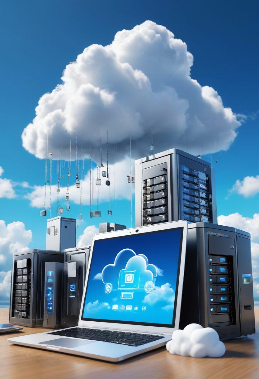 A futuristic cloud storage server surrounded by digital locks and shields, symbolizing security and accessibility. Include diverse users accessing their digital assets from different devices like laptops and smartphones in the foreground. Use bright, engaging colors to convey a sense of innovation and connectivity. background featuring a blue sky with fluffy clouds, illustrating the concept of cloud services. super-realistic. vibrant colors. 3D.