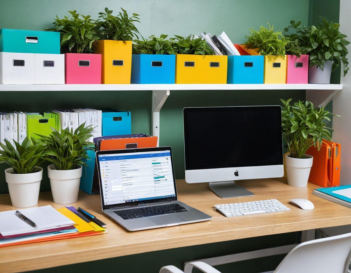 A neatly organized office workspace with colorful folders, labeled storage boxes, and an open laptop displaying a file management software. Include a cheerful person at a desk filing documents, surrounded by plants to add a touch of freshness. The scene conveys a sense of order and efficiency. vibrant colors. modern design. super-realistic.